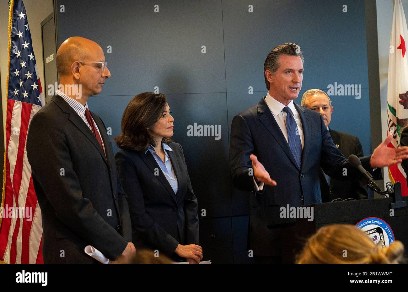 Sacramento, CA, USA. 27th Feb, 2020. California Governor Gavin Newsom with  (L R) Health and Human Services Secretary Mark Ghaly, California Department  of Public Health Director Sonia Angell and OES Director Mark