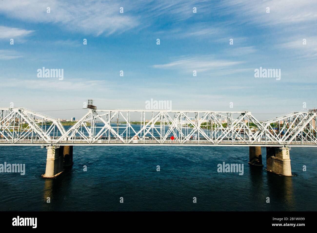 Beautiful view on Railway Bridge over the River Yenisei in Krasnoyarsk krai, Russia. Stock Photo