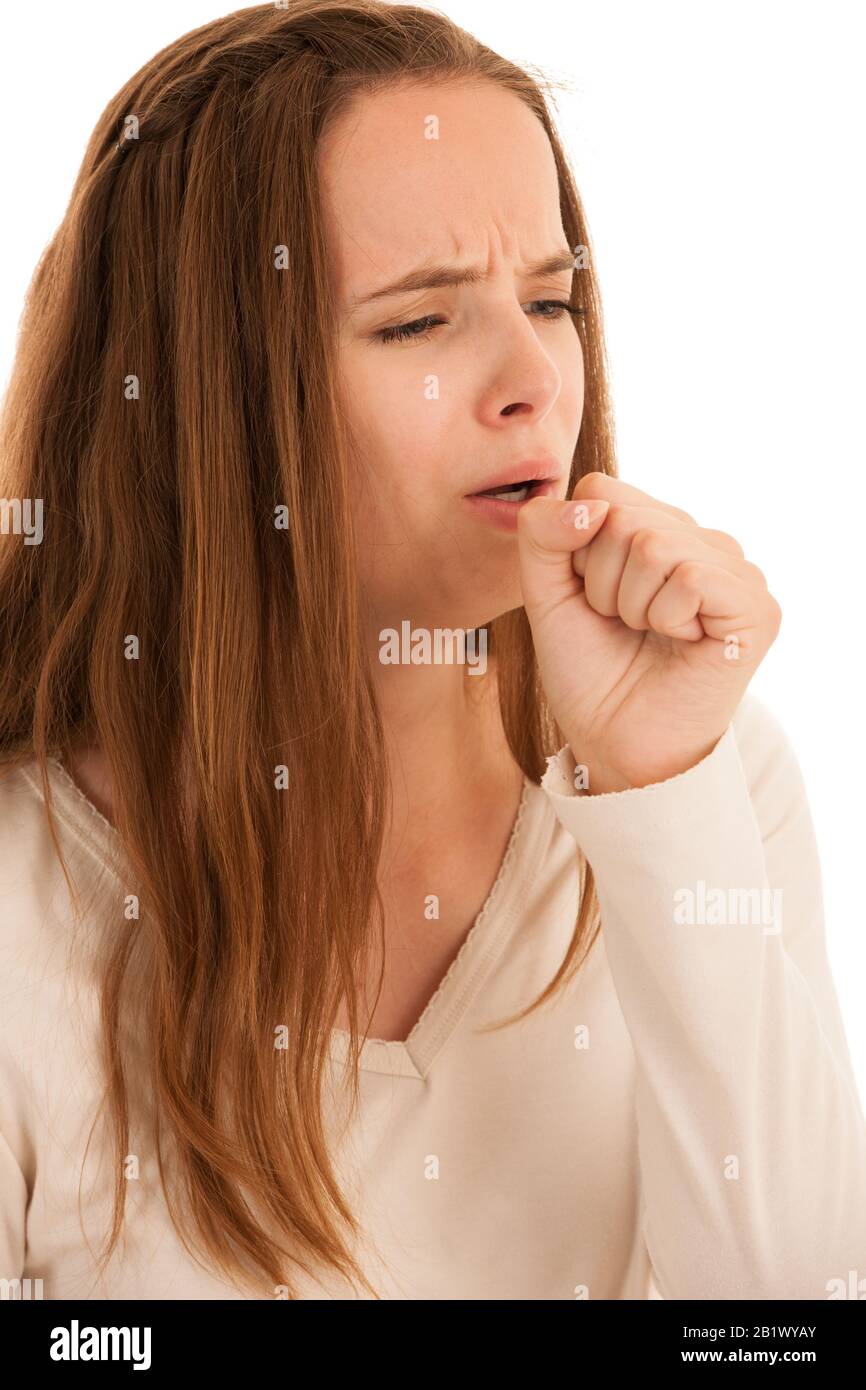 Ill woman cough as she caught cold or flu isolated over white
