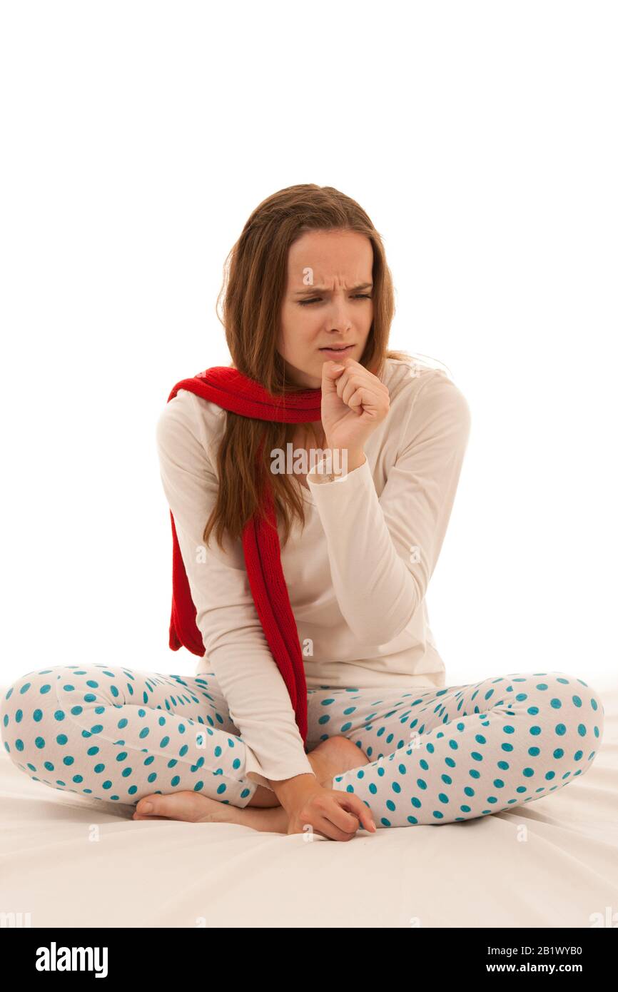 Ill woman cough as she caught cold or flu isolated over white background Stock Photo