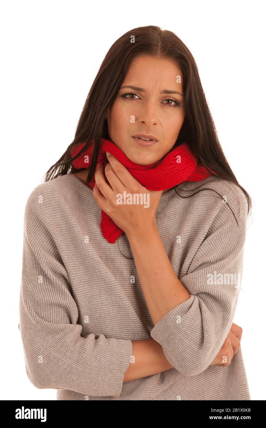 Young Ill Woman Having Sore Throat Isolated Over White Background Stock