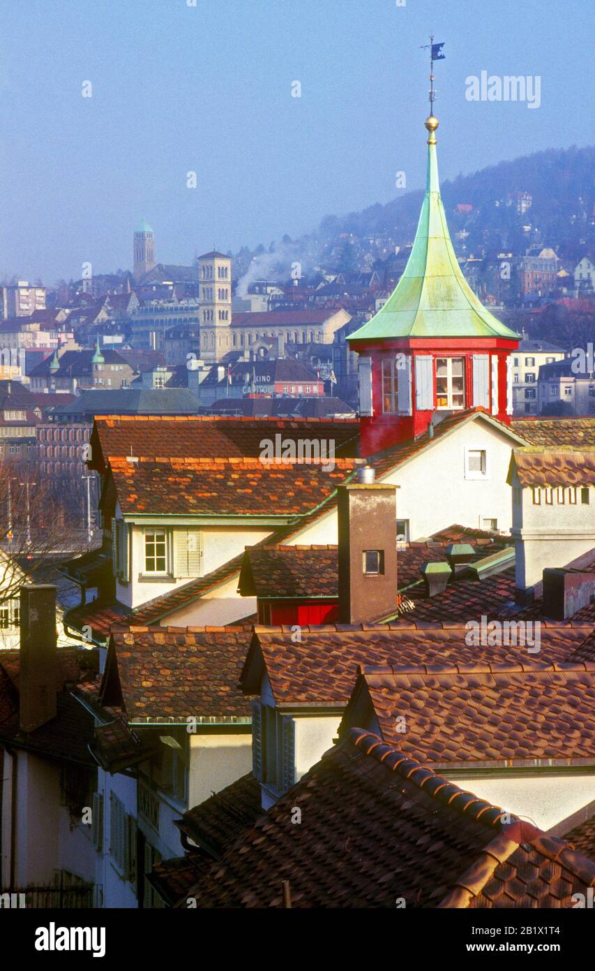 Zürich, you can see the bell towers of the Liebfrauenkirche and Kirche Oberstrass, Stock Photo