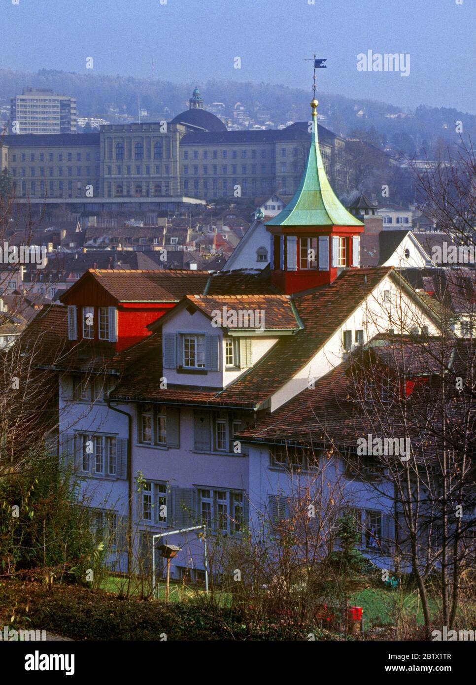Zürich,  Lindenhof, in the background the federal polytechnic school. Stock Photo