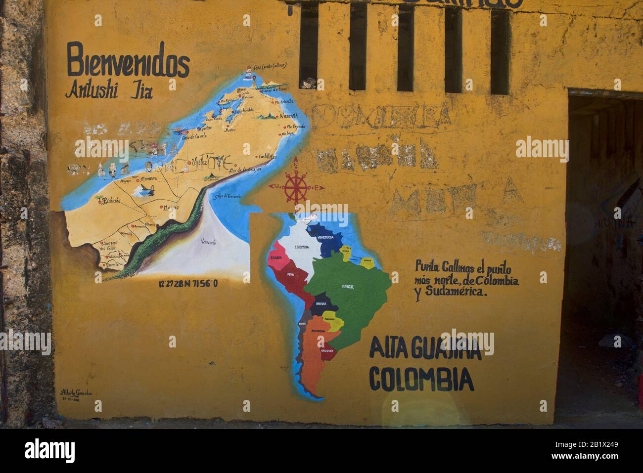 Map at the lighthouse at Punta Gallinas, the northernmost tip of South America, Guajira Peninsula, Colombia Stock Photo