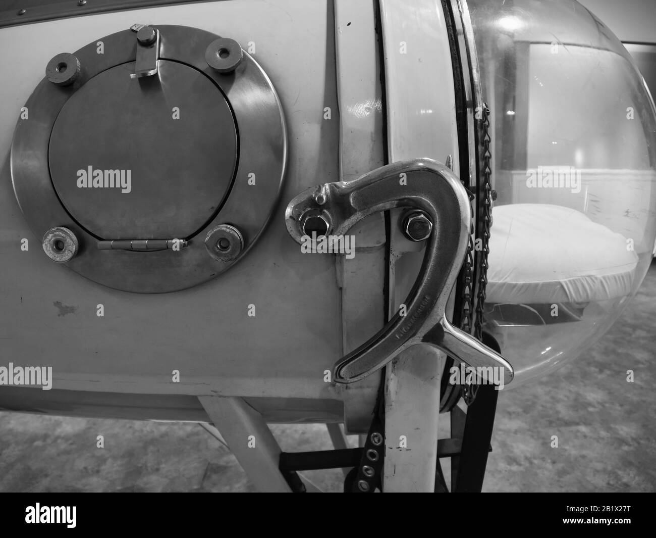 Black and white detail of a iron lung Stock Photo