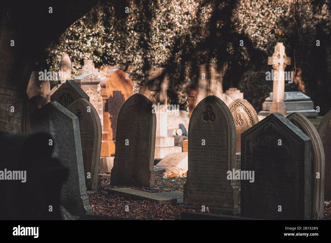 Desaturated image of a graveyard with numerous old gravestones. Stock Photo