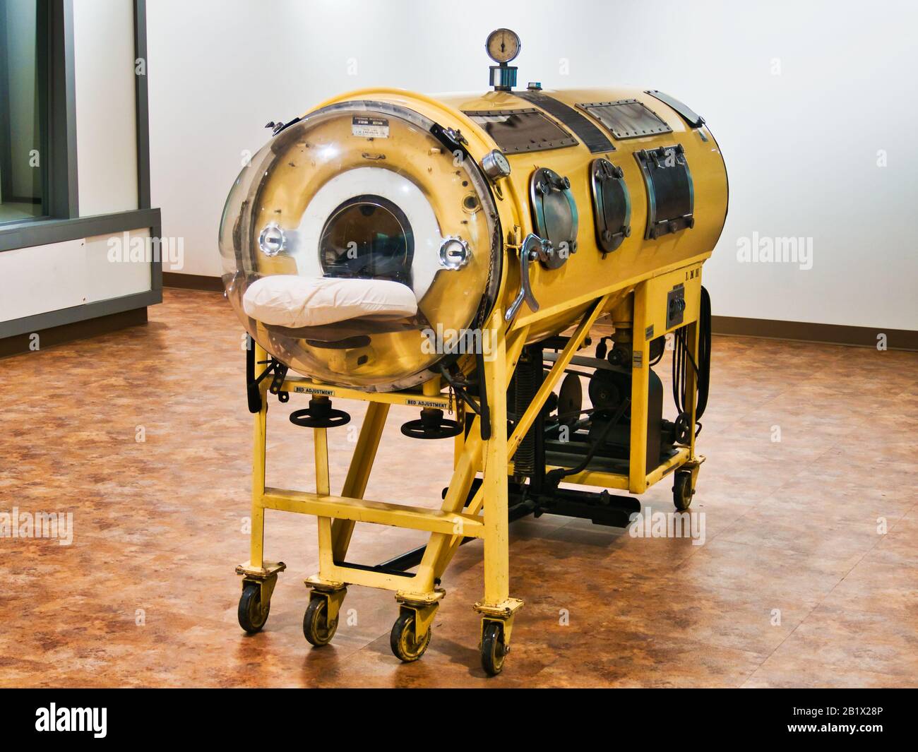 Detail of a  negative pressure ventilator, also known as iron lung (colloquialism) or pulmotor  used to treat Polio. Stock Photo