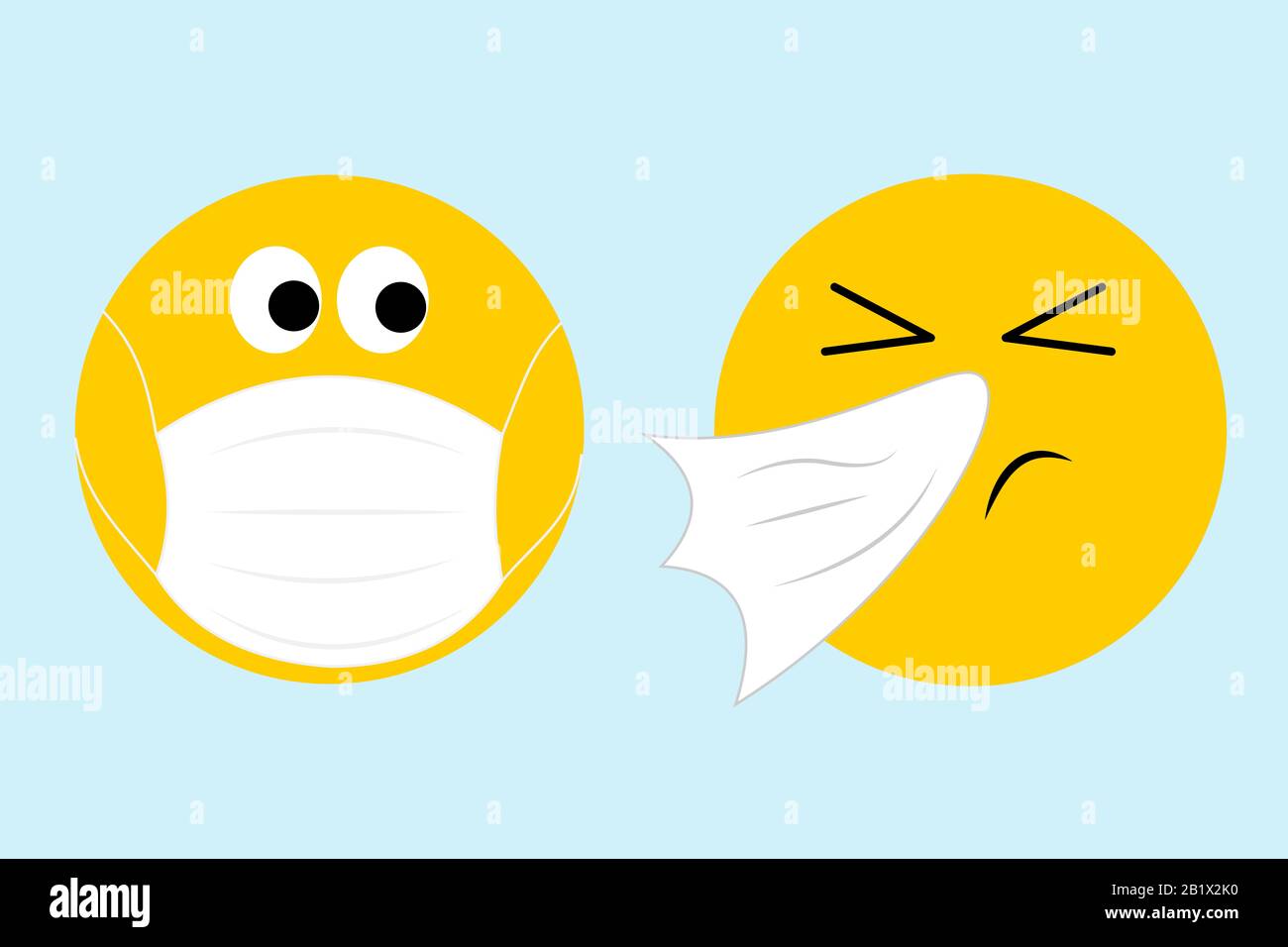 two Emoji one sneezing in to tissue and one with face mask looking