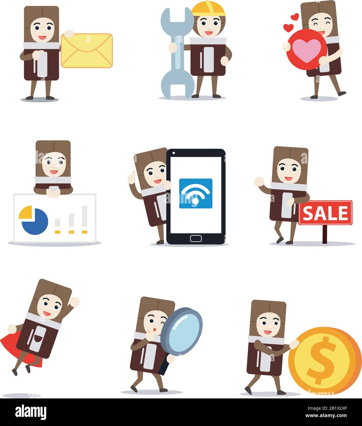 Set character of man wearing costume chocolate bar on TV commercial. Stock Vector