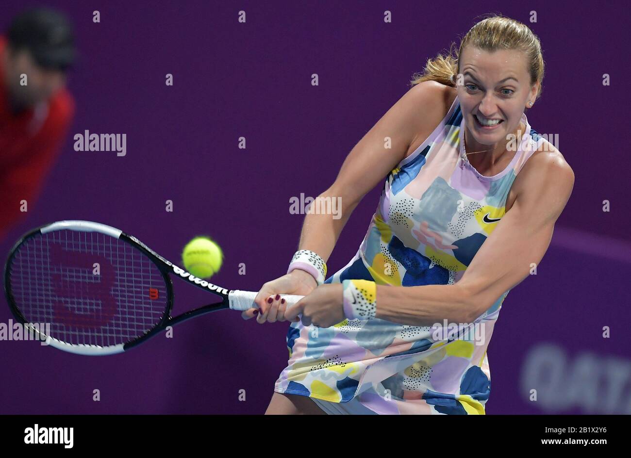 Doha, Qatar. 27th Feb, 2020. Petra Kvitova of the Czech Republic hits a  return during the women's singles quarterfinal match against Ons Jabeur of  Tunisia at the 2020 WTA Qatar Open in