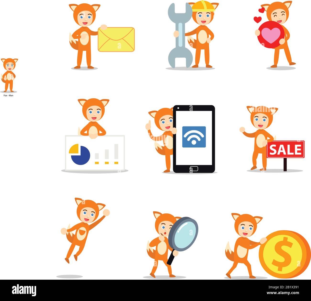 Set character of man in orange fox costume with tail. Stock Vector