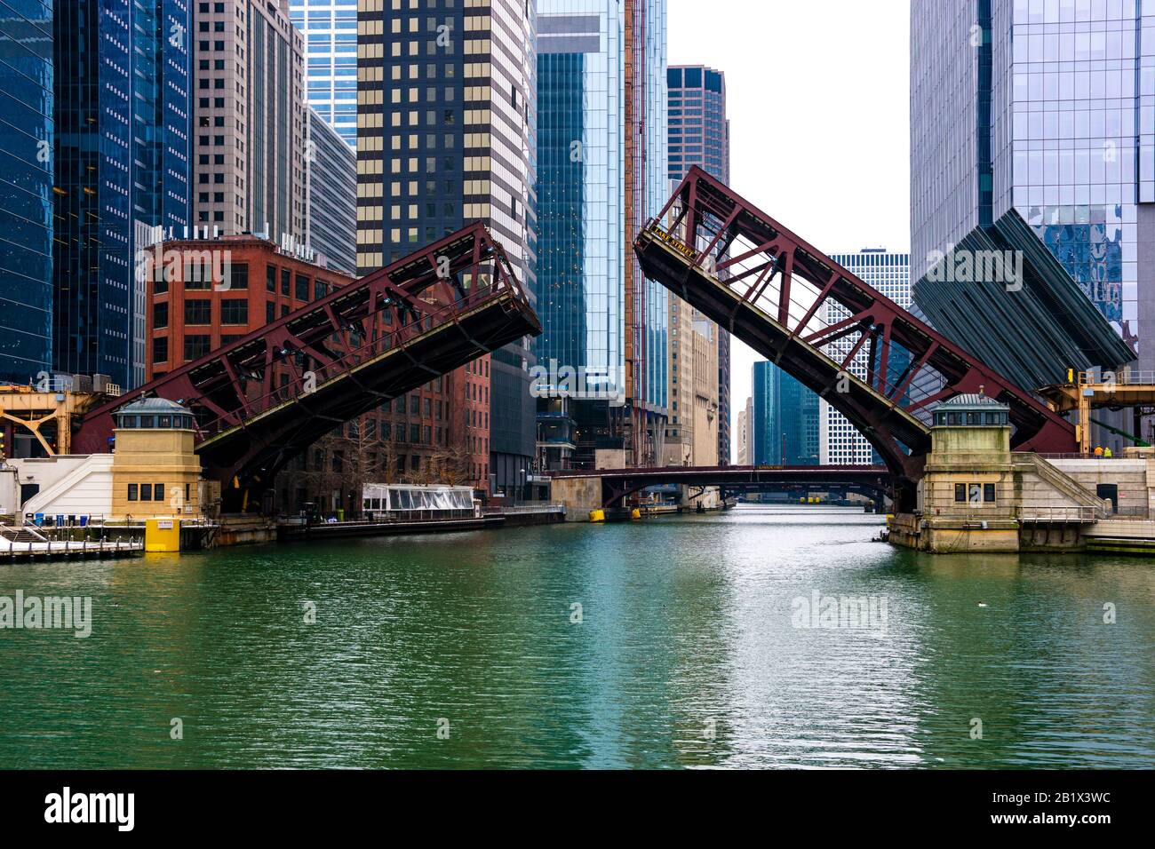 Lake Street bridge lifted up for repairs in The Loop in Chicago, Illinois. Stock Photo