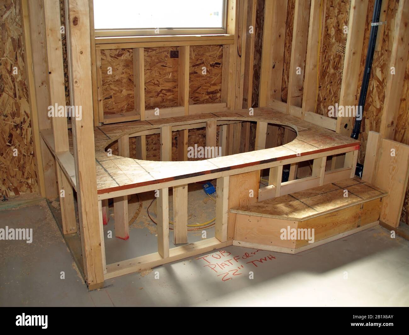The early framing stage of a bathroom under construction Stock Photo