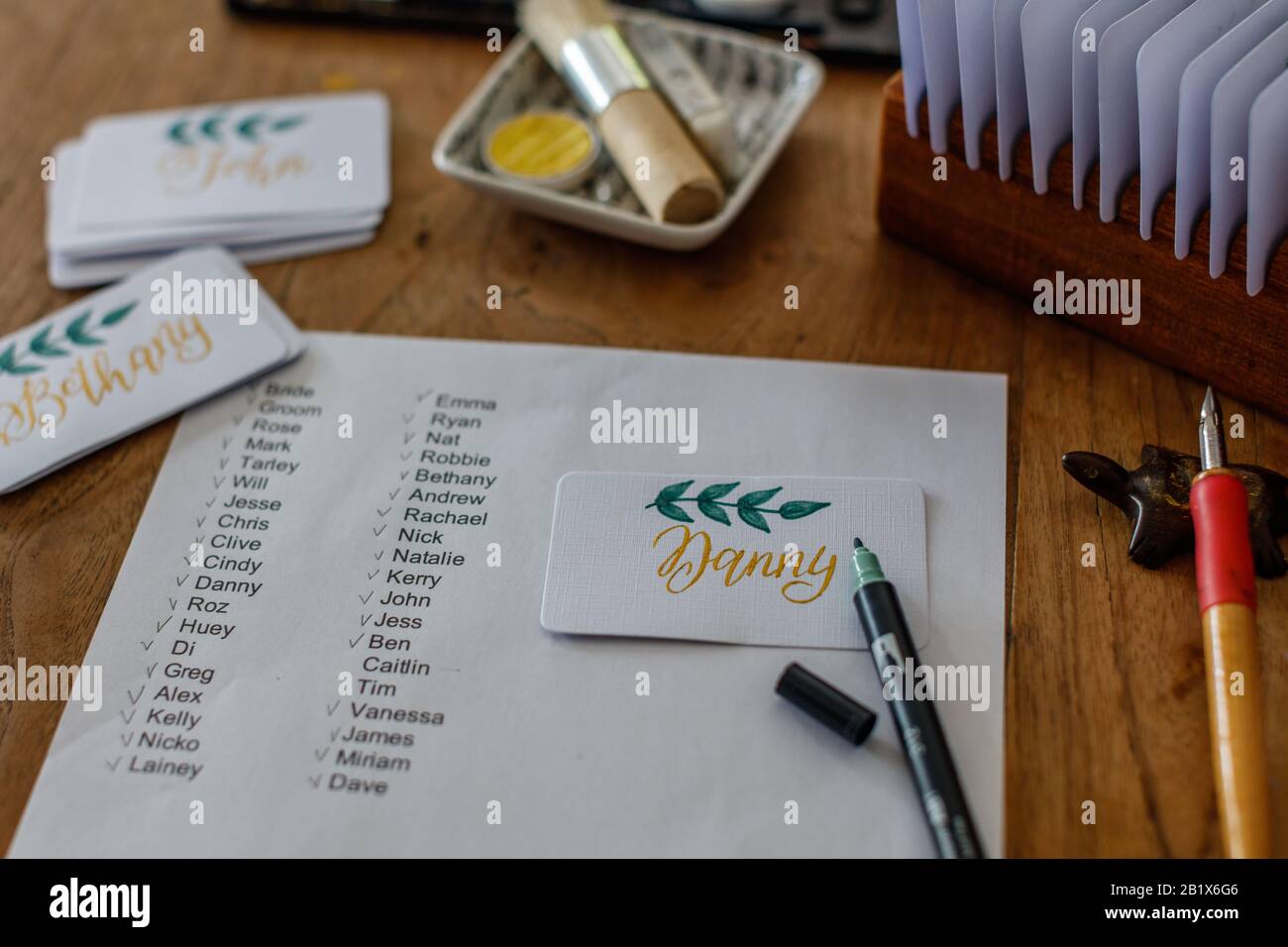 Wedding calligraphy guest list and handwritten place cards with names