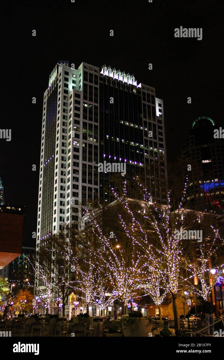 Uptown Charlotte, North Carolina office buildings and trees decorated in Christmas lights for