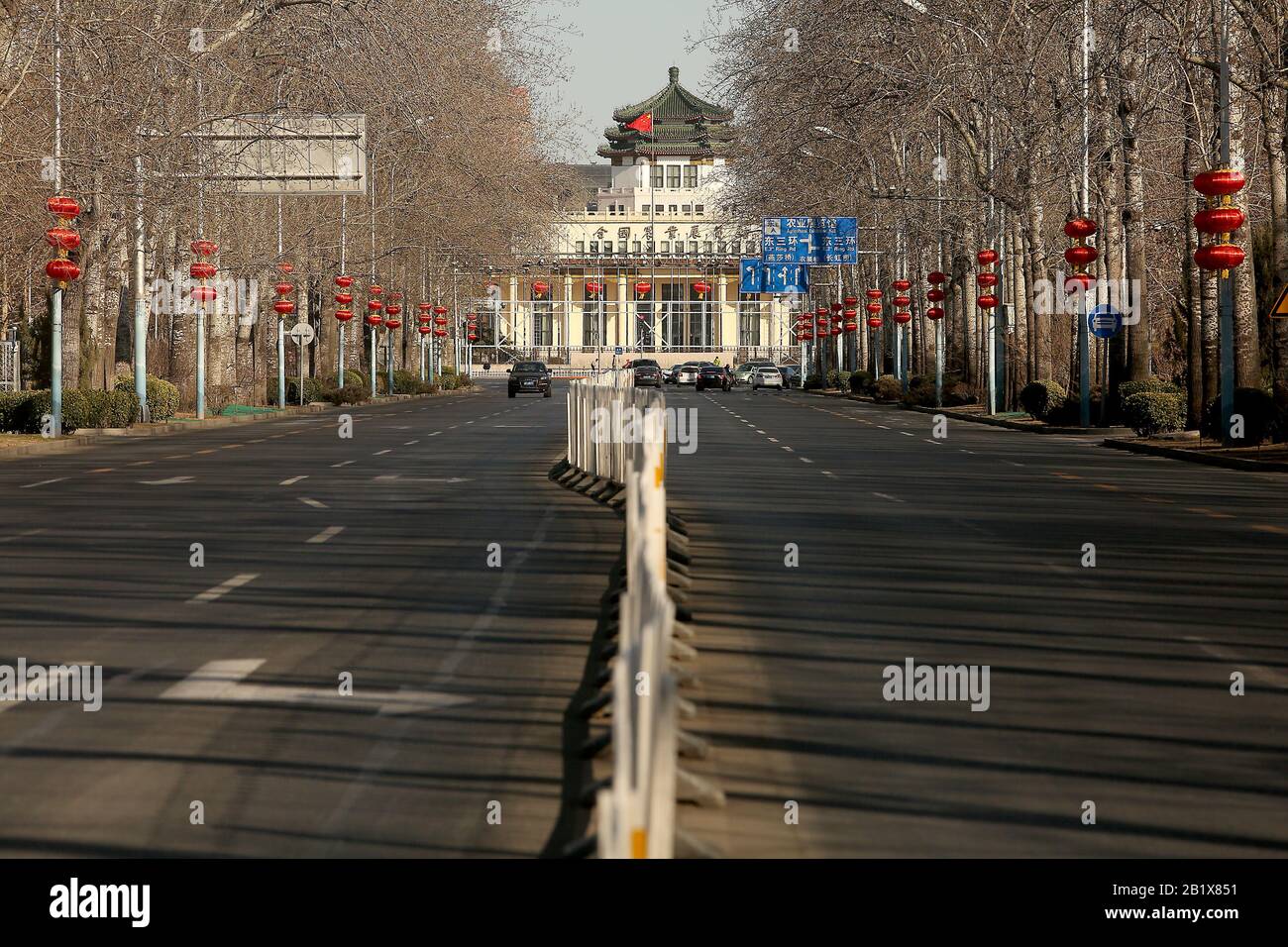 Beijing, China. 27th Feb, 2020. Normally busy streets are empty as the threat of the deadly coronavirus (Covid-19) spreading in Beijing continues on Thursday, February 27, 2020. The death toll stands at more than 2,800 people and has infected more than 80, 00 people in nearly 50 countries. The outbreak has reached a 'decisive point' and has 'pandemic potential', the World Health Organization's head said this week. Photo by Stephen Shaver/UPI Credit: UPI/Alamy Live News Stock Photo