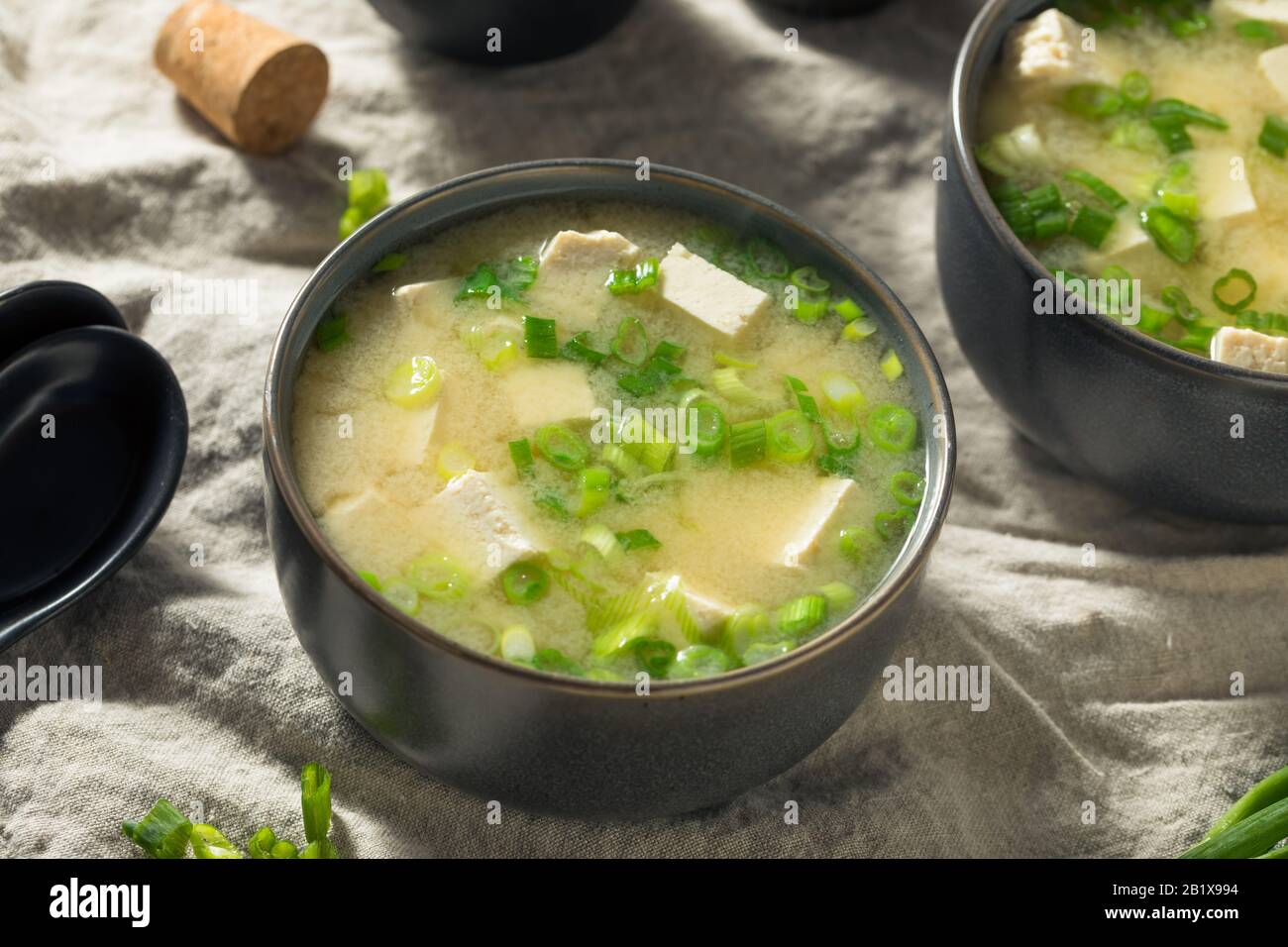 Healthy Japanese Tofu Miso Soup with Green Onions Stock Photo