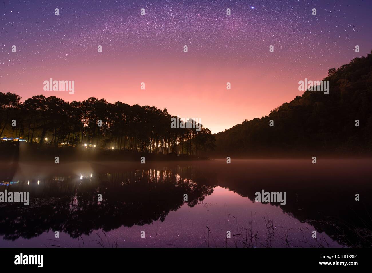 Stars night sky at Pang Ung lake, Pang Ung Mae Hong Son province, North of Thailand Stock Photo