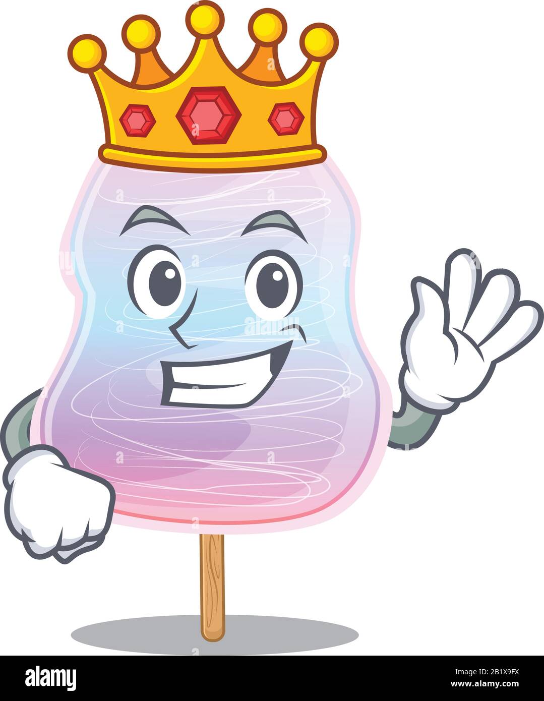 A cartoon mascot design of rainbow cotton candy performed as a King on the stage Stock Vector