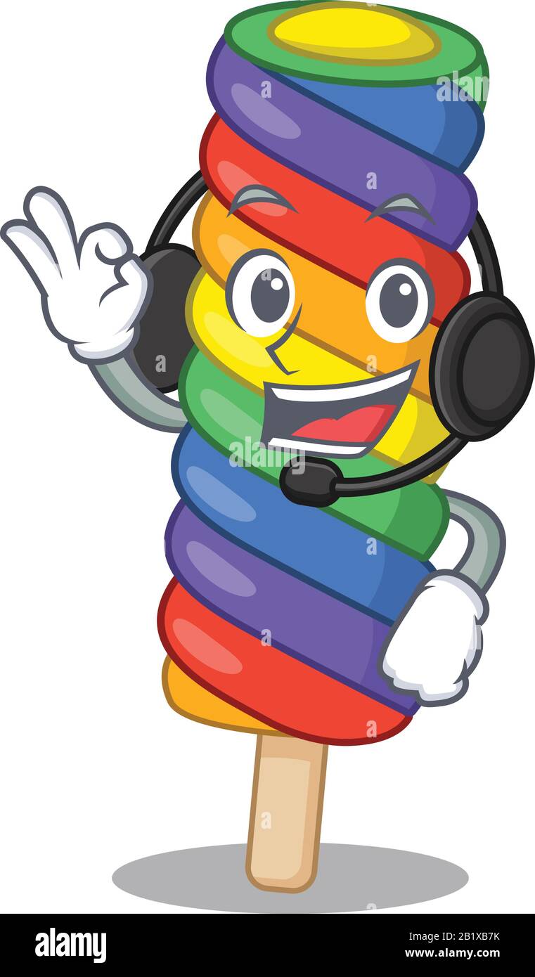 Happy rainbow ice cream mascot design style wearing headphone Stock