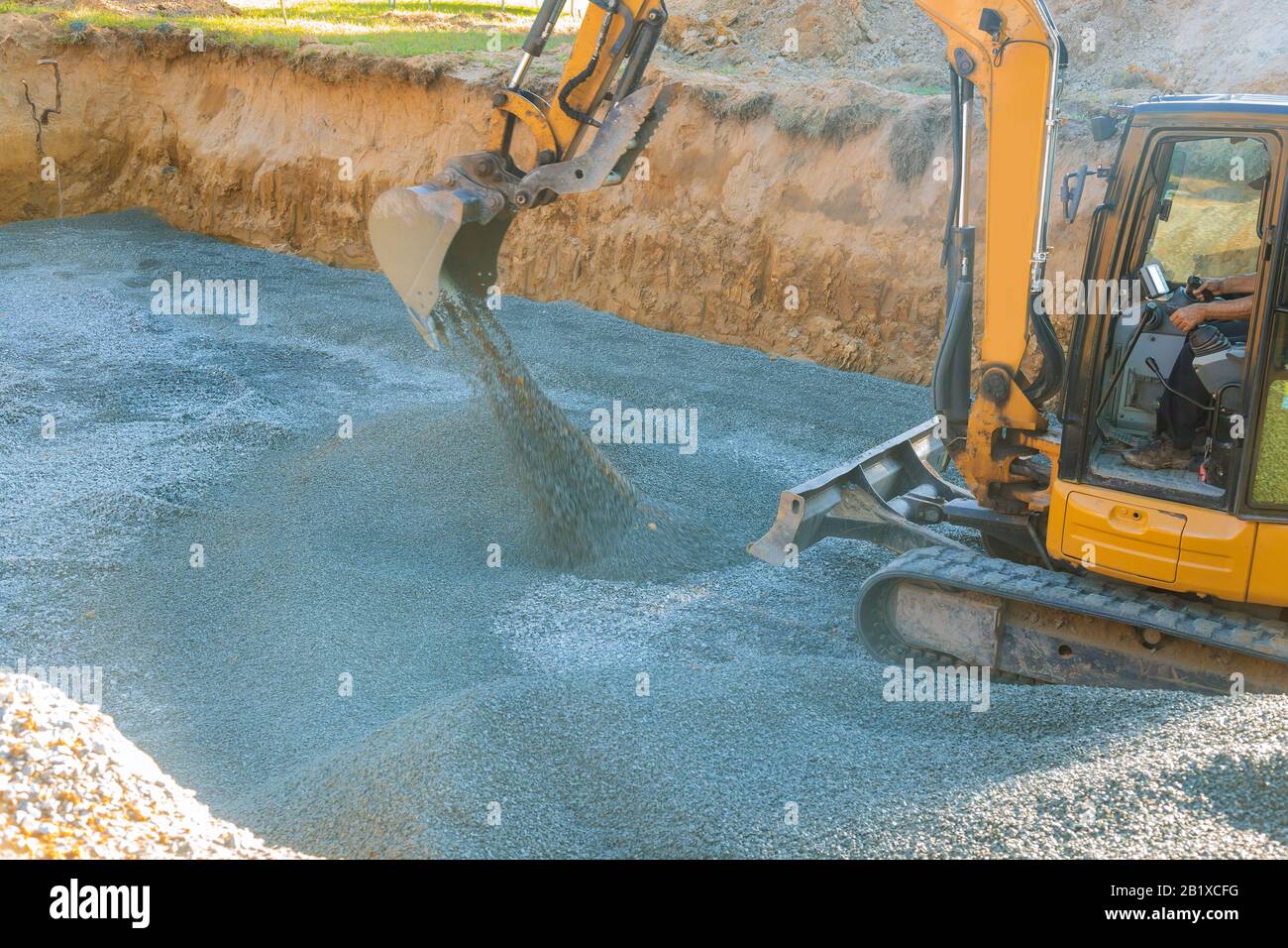 A excavator in a working to gravel construction equipment for