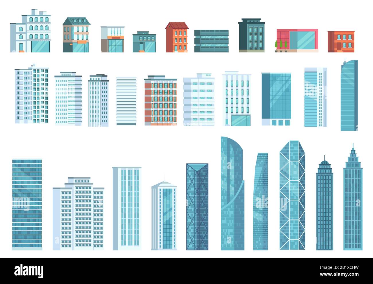 Modern city buildings. City skyscraper building, town houses, business office skyscrapers vector illustration set Stock Vector