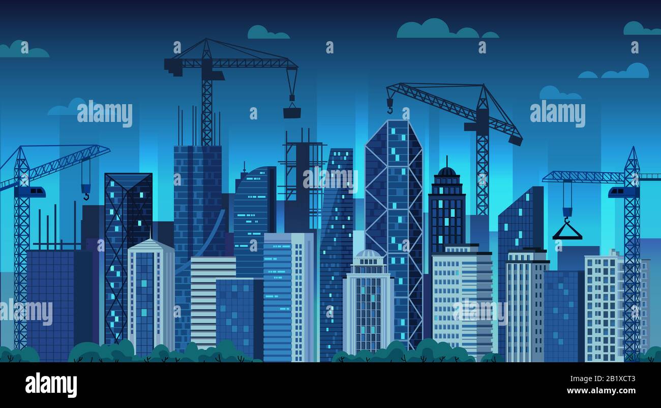 Urban development. Night construction cranes, modern city building and cityscape cartoon vector illustration Stock Vector