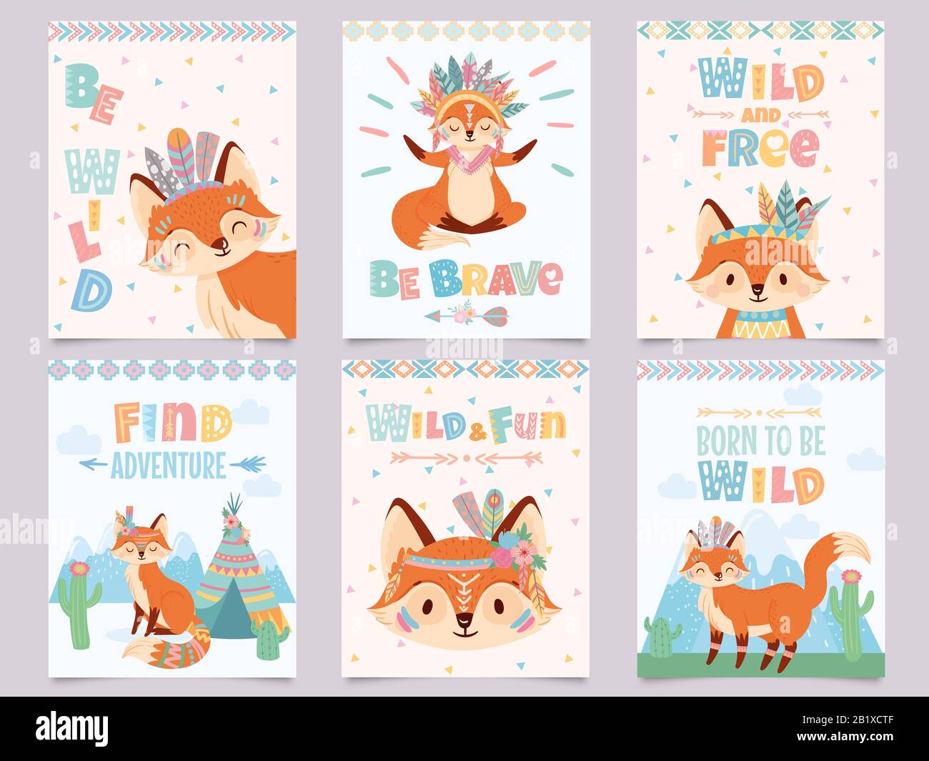 Wild tribal fox poster. Be brave, find adventure and free foxes with indian feathers and arrows cartoon posters vector illustration set Stock Vector