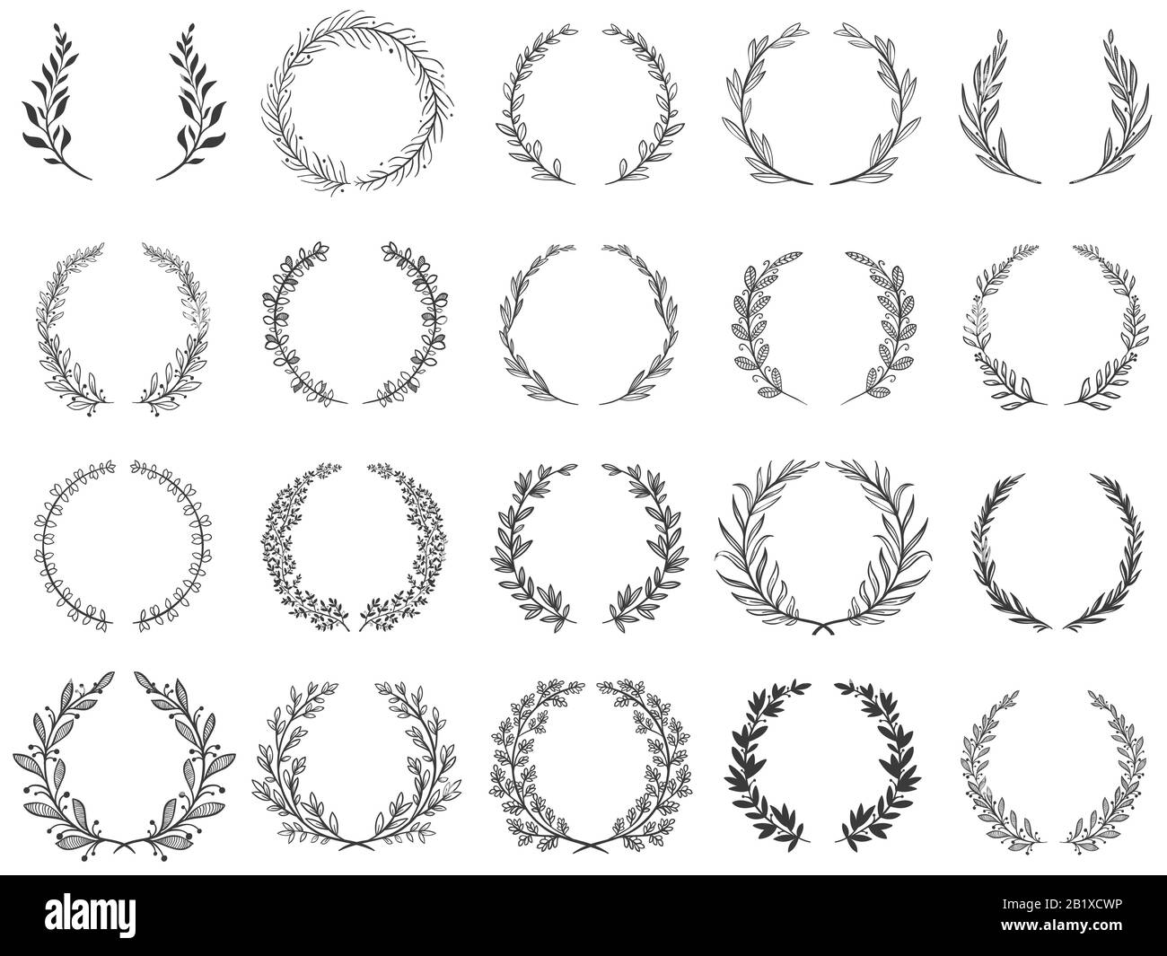 Ornamental branch wreathes. Laurel leafs wreath, olive branches and round floral ornament frames vector set Stock Vector