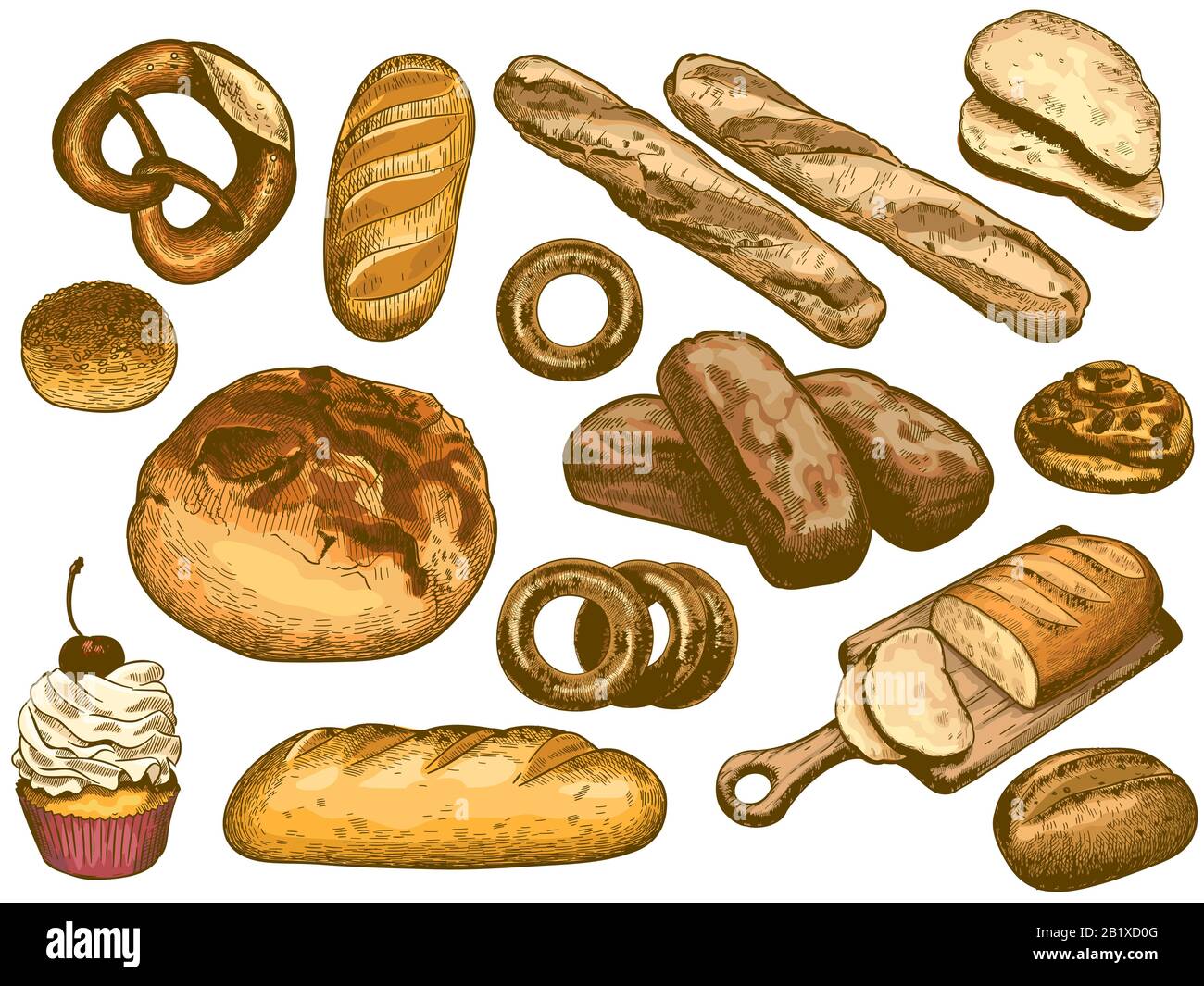 Color Hand Drawn Bread French Loaf Fresh Bakery Donut Sesame Bun And Pretzel Vector Illustration Set Stock Vector Image Art Alamy