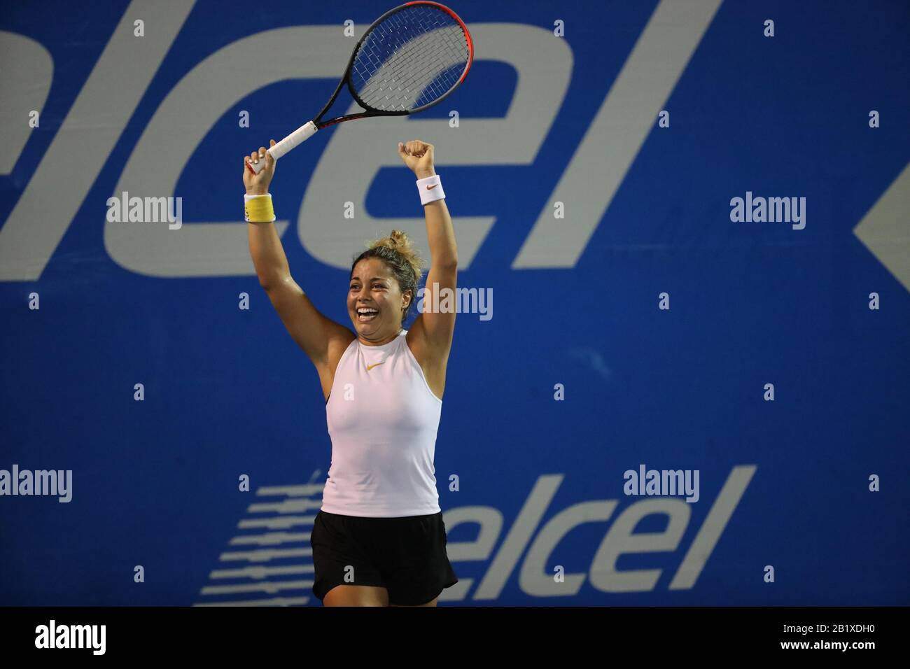 Acapulco, Mexico. 27th Feb, 2020. Mexican Renata Zarazua celebrates after  winning against the Slovenian Tamara Zindansek, during a match of the  Mexican Tennis Open held in Acapulco, in the state of Guerrero,