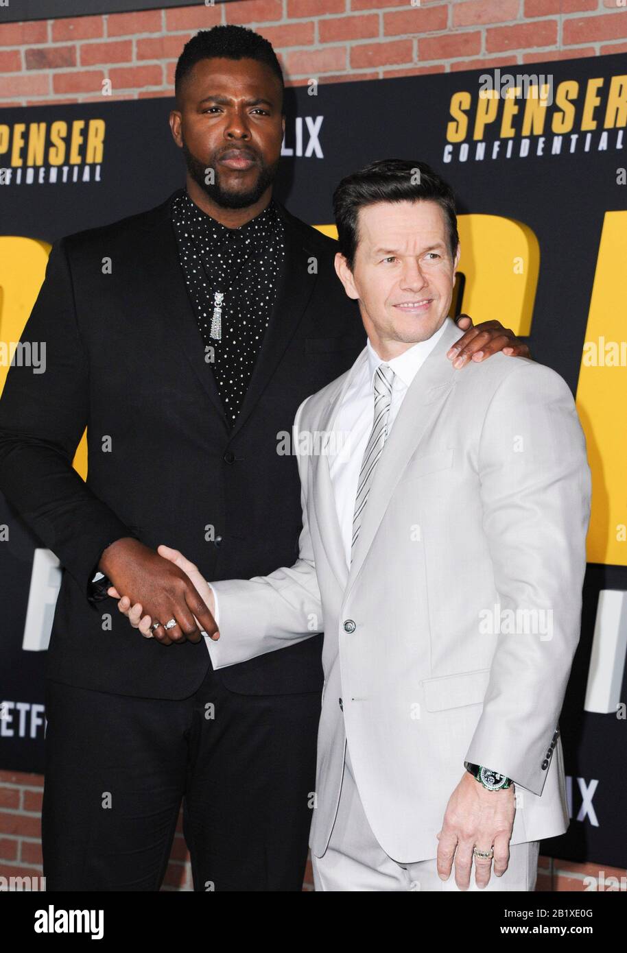 Los Angeles, CA. 27th Feb, 2020. Wilston Duke, Mark Wahlberg at ...