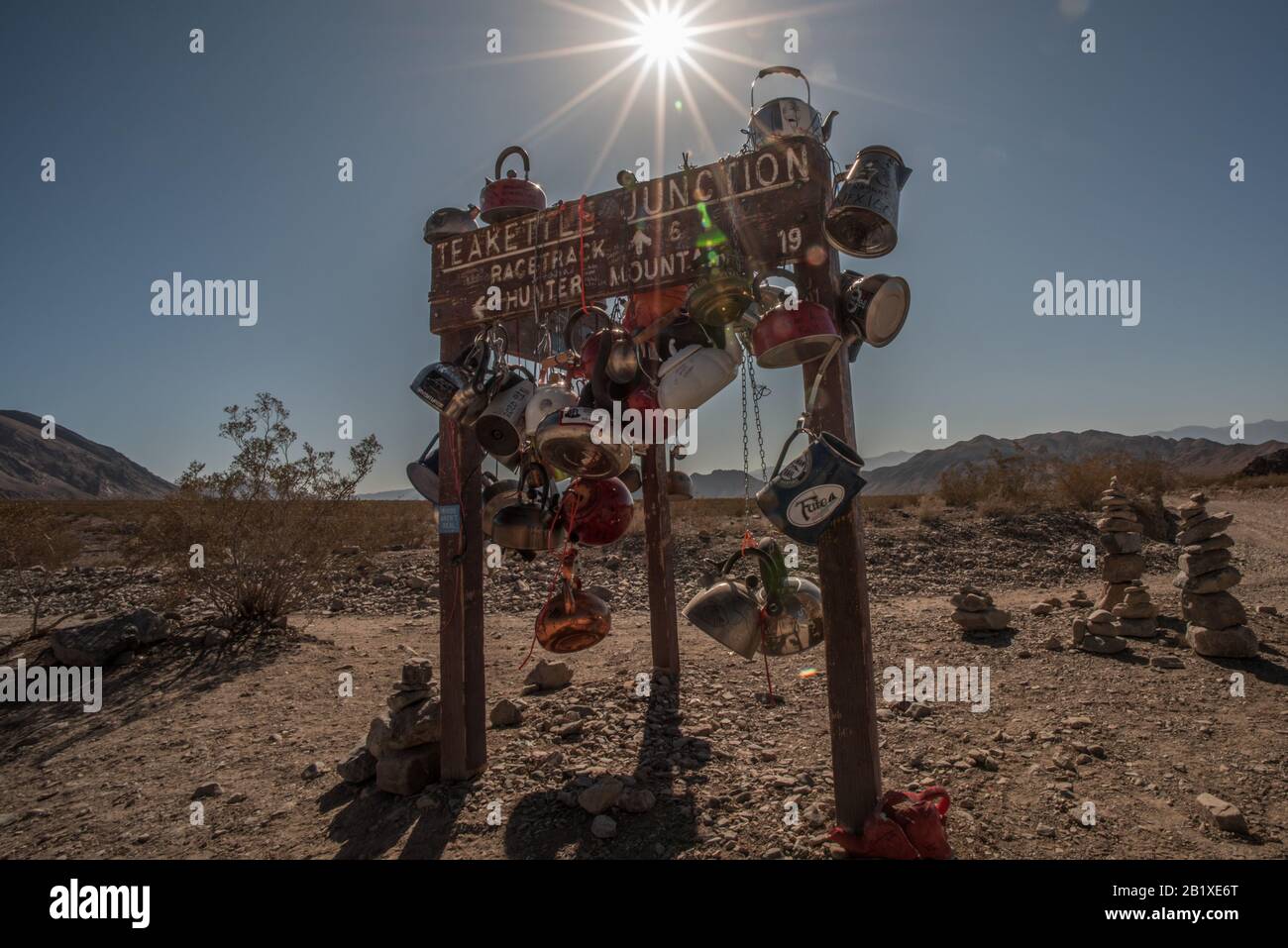 Teakettle junction in Death Valley National Park in CA.  One of the hottest spots on earth, the sun beats down overhead. Stock Photo