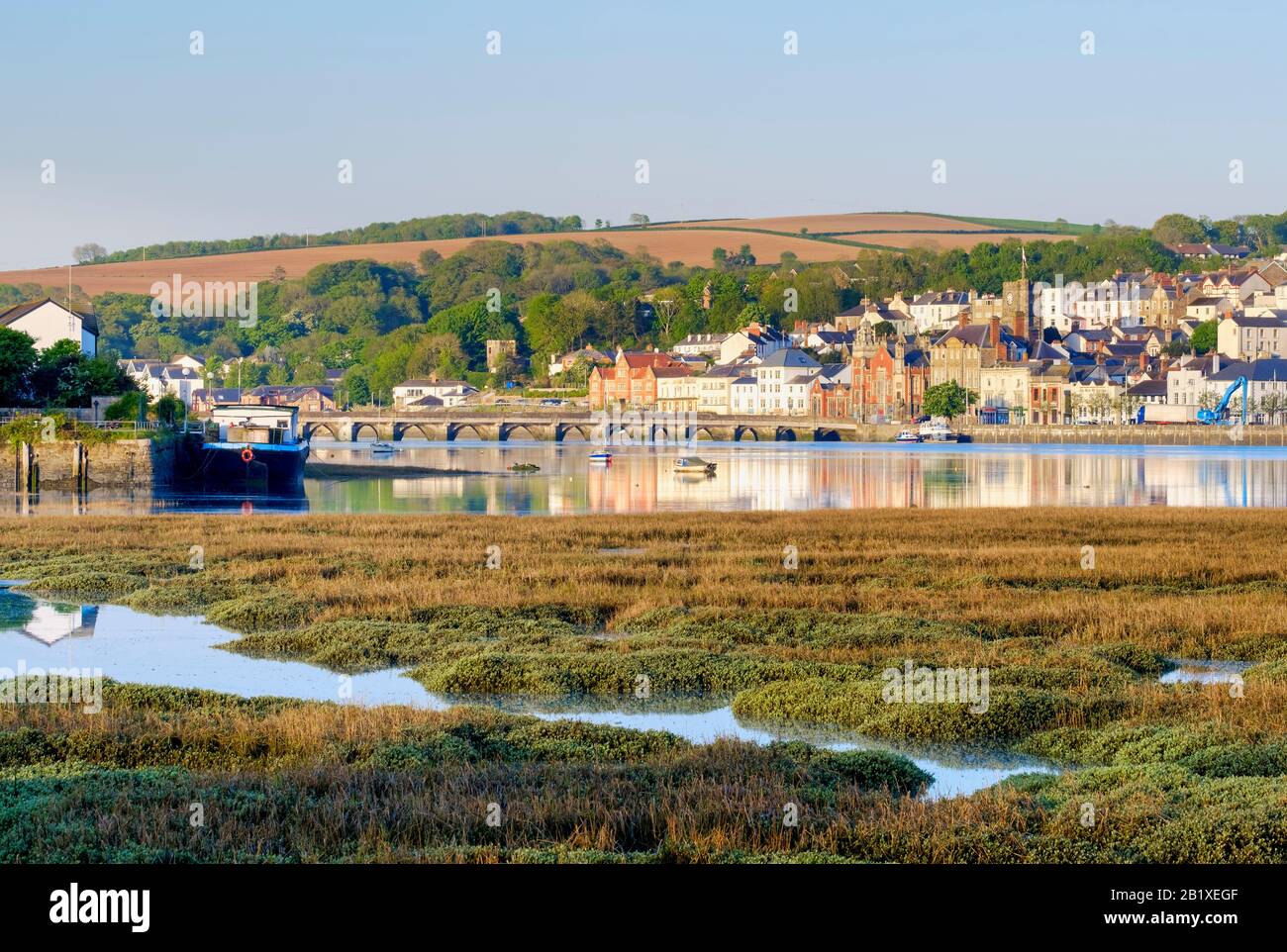 View of Bideford, Market town, NorthDevon south West across the river Torridge towards the old bridge, from the river bank Stock Photo