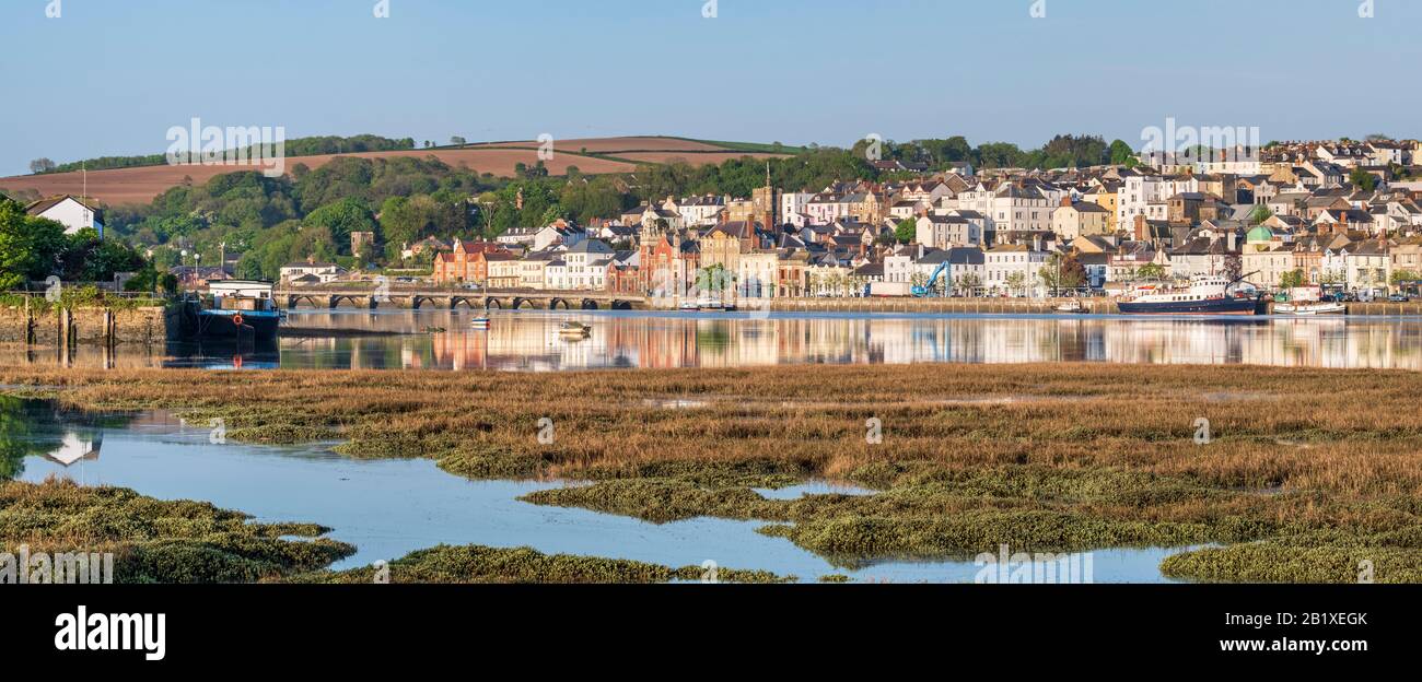 View of Bideford, Market town, NorthDevon south West across the river Torridge towards the old bridge, from the river bank Stock Photo