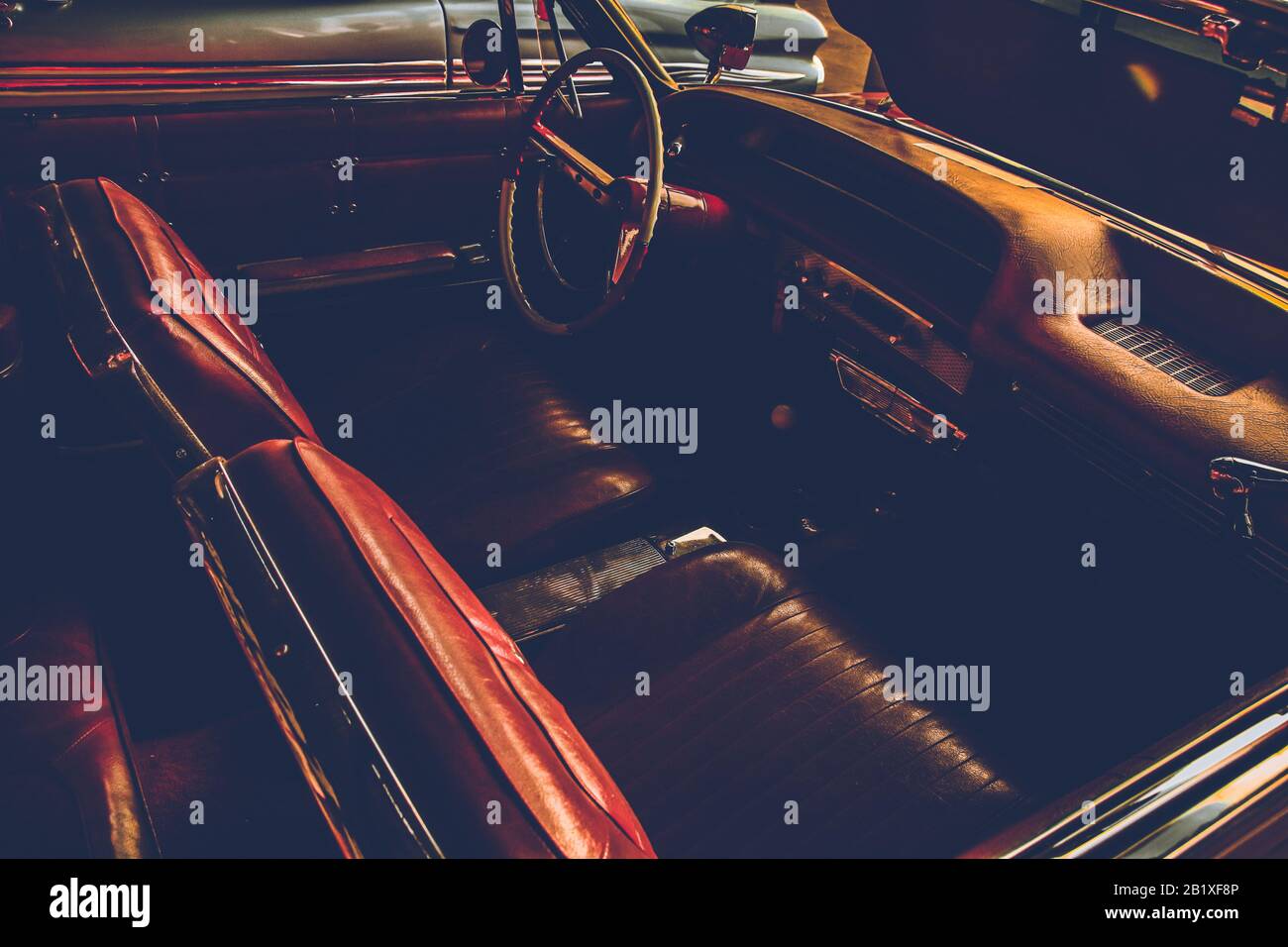 Vintage car interior to show a 1920's cinematic moody themed background Stock Photo