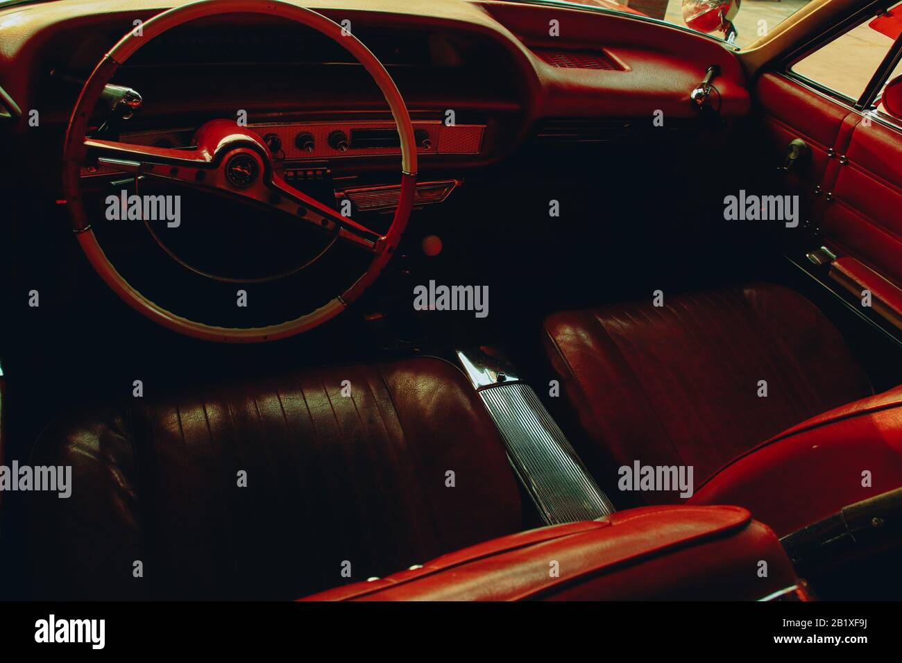 Vintage car interior to show a 1920's cinematic moody themed background Stock Photo