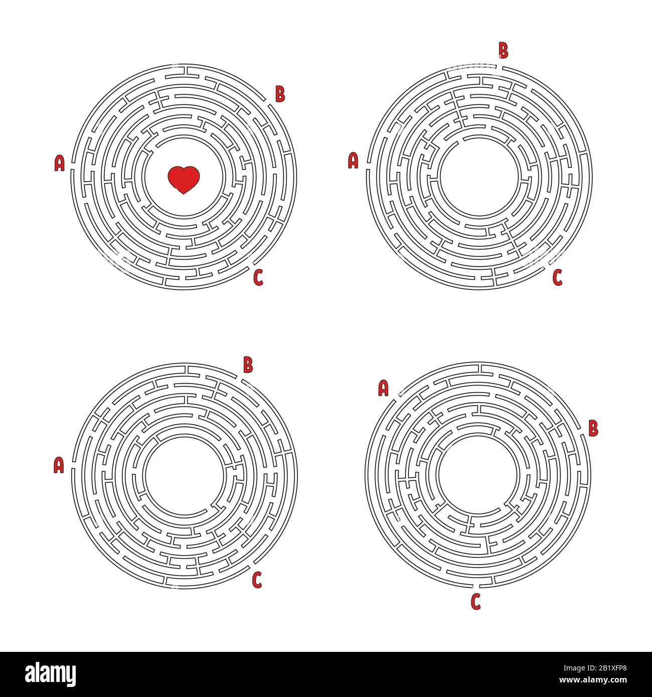 A set of round mazes. Game for kids. Puzzle for children. Labyrinth conundrum. Flat vector illustration isolated on white background. Stock Vector
