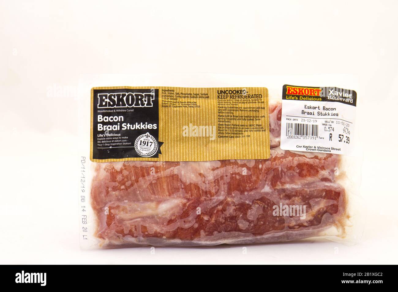 Alberton, South Africa - a packet of Eskort bacon barbecue pieces isolated on a clear background image with copy space Stock Photo