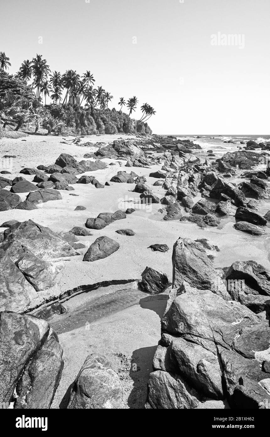 Black and white picture of a rocky beach, Sri Lanka Stock Photo - Alamy