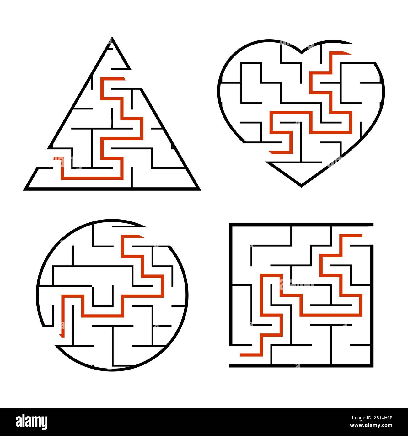 A set of mazes. Circle, square, triangle, heart. Game for kids. Puzzle