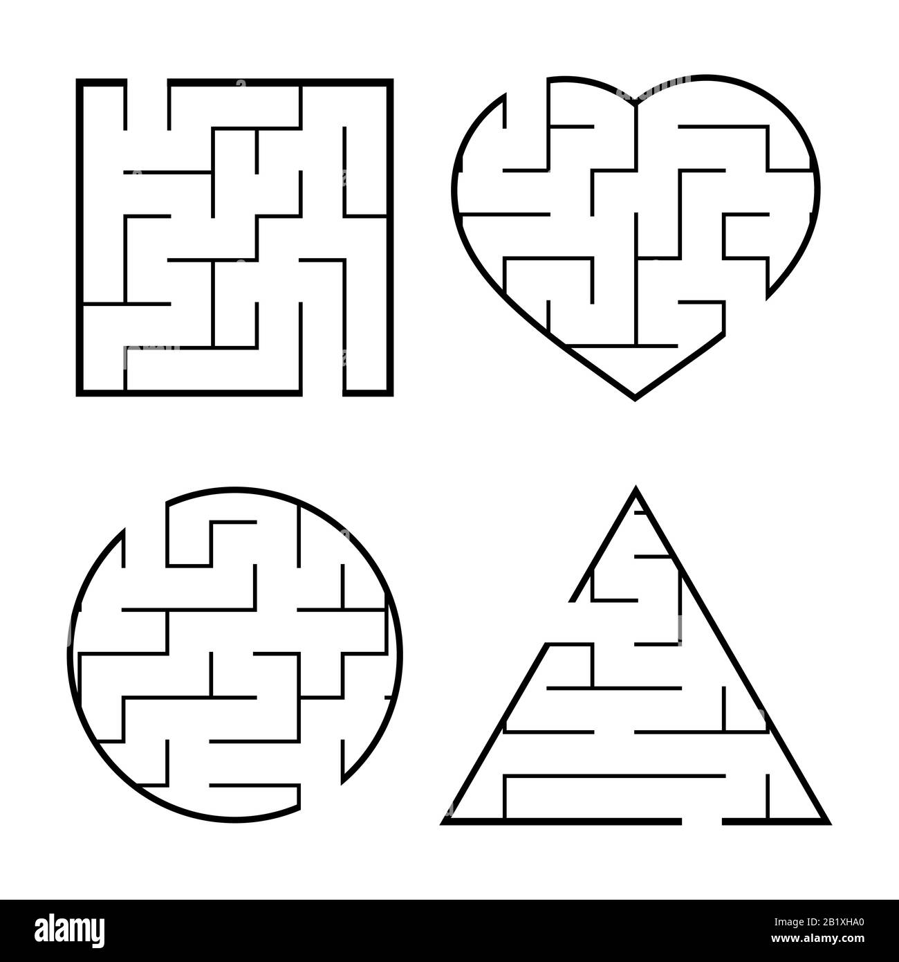 A set of easy mazes. Circle, square, triangle, heart. Game for kids