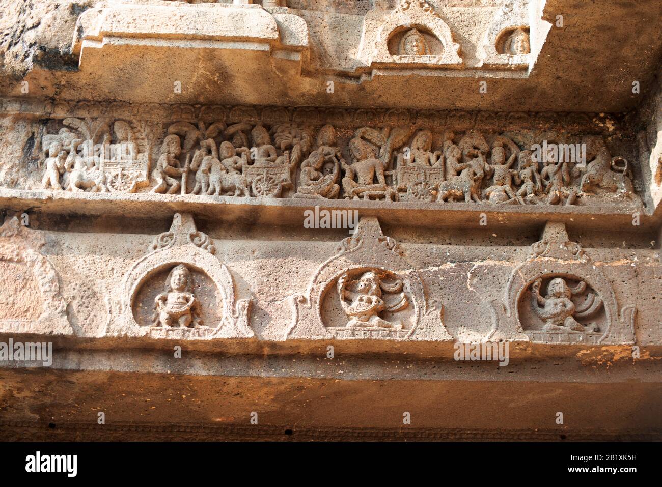 Ajanta Caves, Aurangabad, Maharashtra, India Cave No. 1, Façade left showing 4 great scenes, life of Buddha, a dead, a sick, dying and sage man. Stock Photo