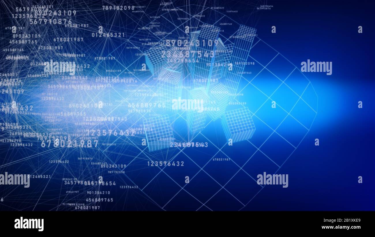 Abstract connections of digital numbers and buildings. 3d illustration ...