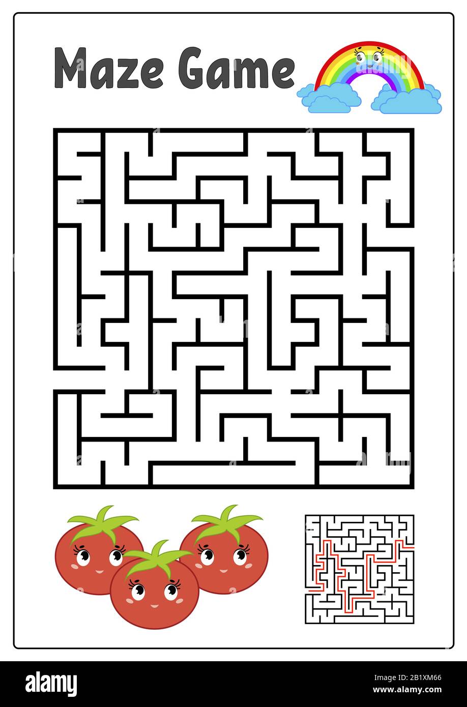 abstract square maze kids worksheets activity page game puzzle for children cute cartoon tomato and rainbow labyrinth conundrum vector illustrat stock vector image art alamy