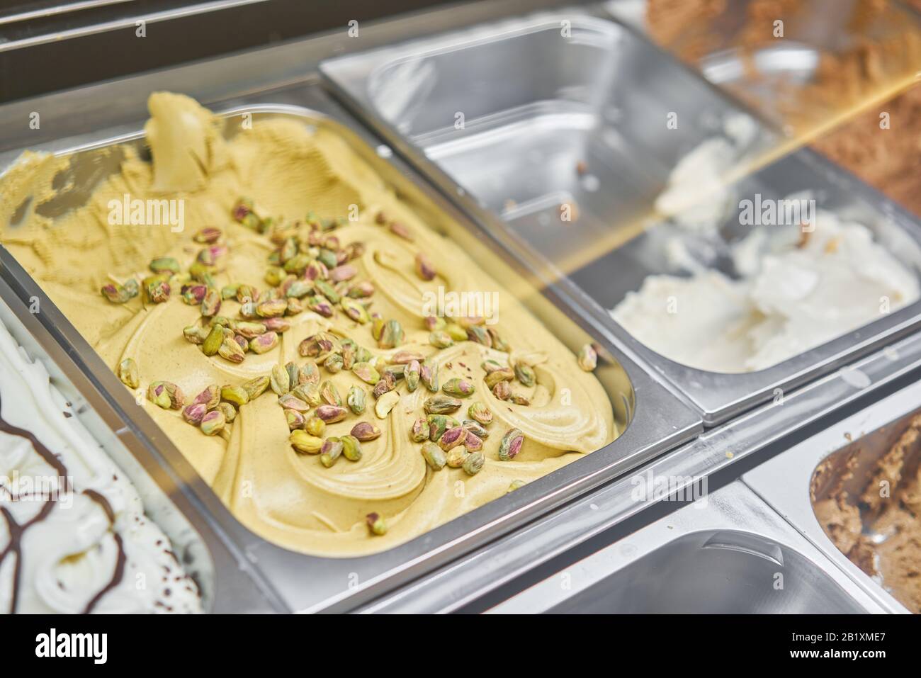 Pistachio Gelato. Flavors various ice cream in Rome, Italy. Italian