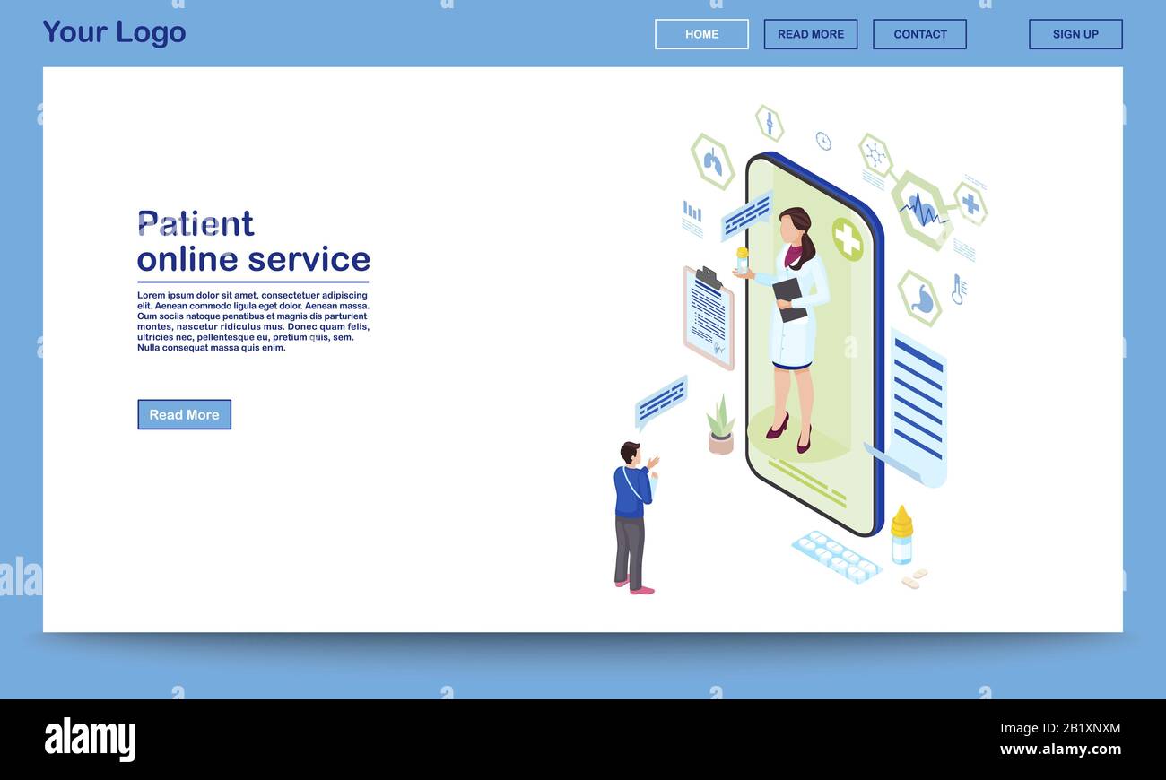 Patient support online service isometric homepage template. Remote medical consultant prescribing pills. Traumatologist consulting client via internet Stock Vector