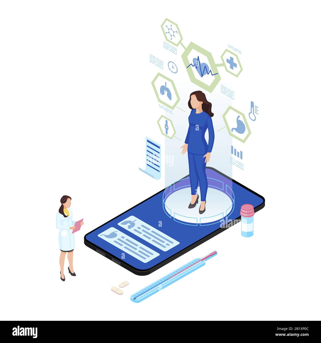 Remote body scanning isometric illustration. Patient hologram with internal organs analysis. Futuristic telemedicine with augmented reality options Stock Vector
