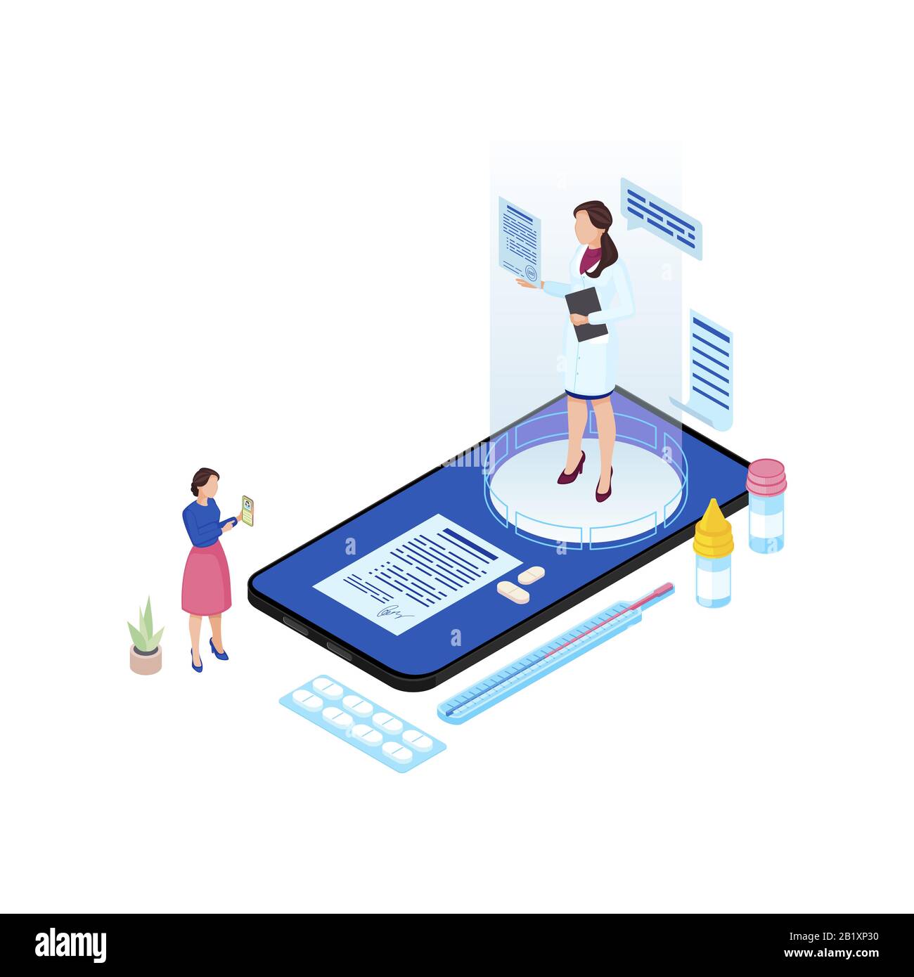 Online doctor appointment isometric illustration. Cartoon medical worker hologram prescribing pills, medication for patient isolated characters. Ill Stock Vector