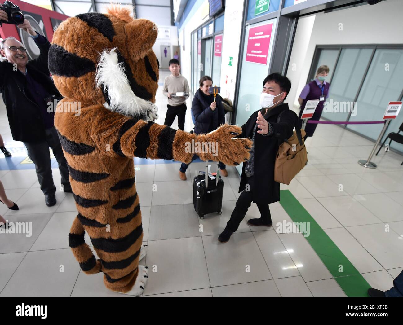 Vladivostok, Russia. 28th Feb, 2020. VLADIVOSTOK, RUSSIA - FEBRUARY 28,  2020: A person in a tiger costume welcomes passengers of the first flight  from Tokyo at Vladivostok International Airport; Japan Airlines launches